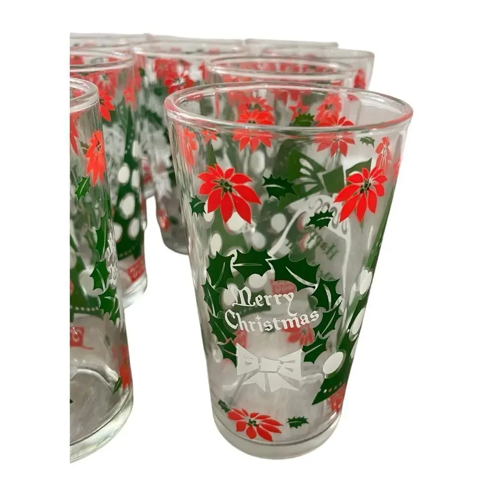 VINTAGE HAZEL ATLAS GLASSES SET OF 14 HOLIDAYS CHRISTMAS WREATH HOLLY BERRY RARE